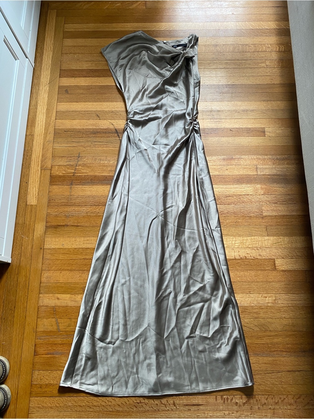 Zara Satin One-Shoulder Maxi Dress in Taupe
